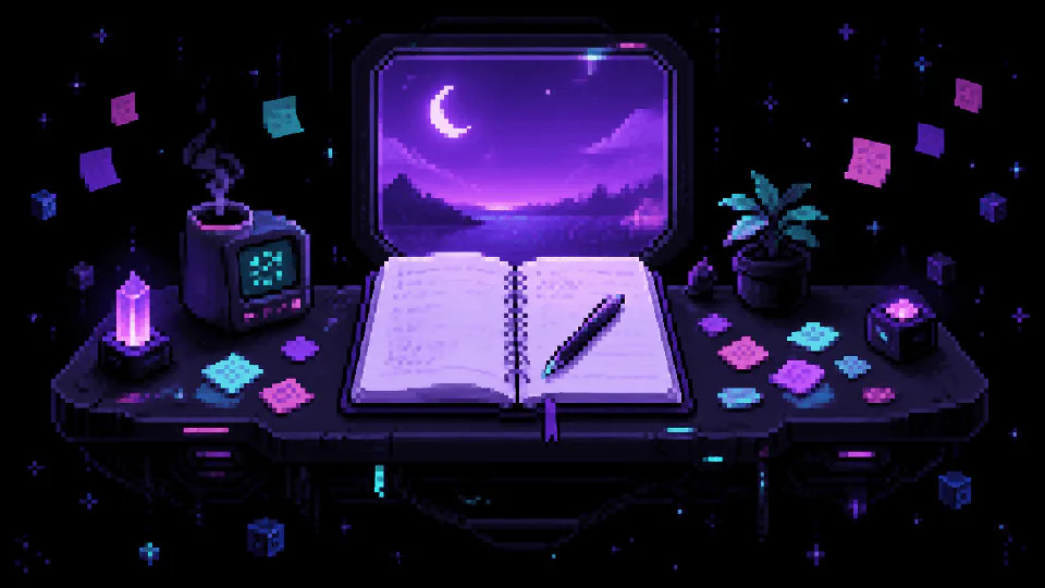 Pixel-art notebook and terminal on a neon desk at night