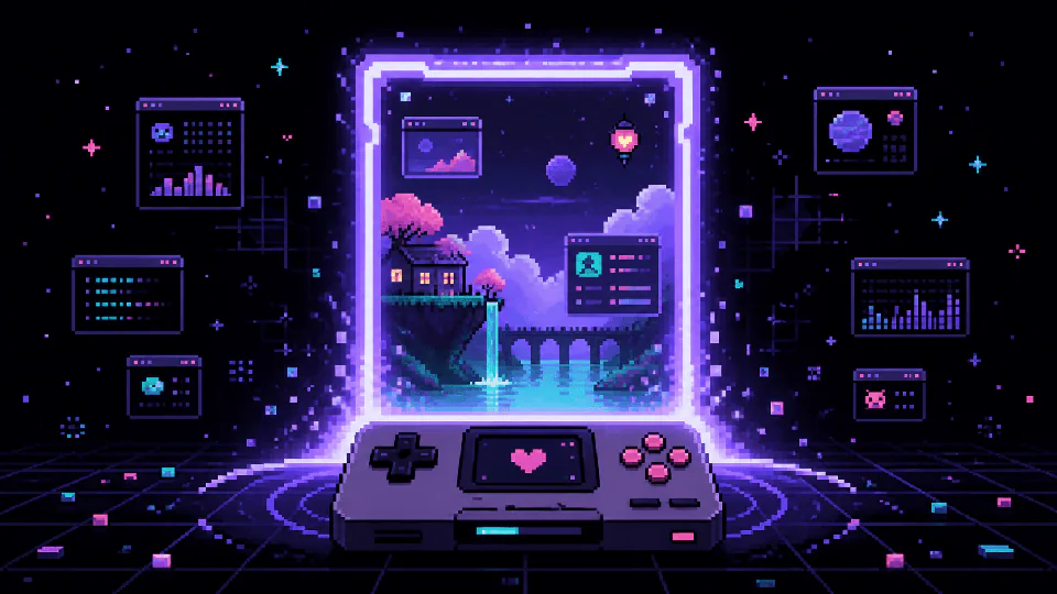 Pixel-art game console opening a glowing portal into a personal website